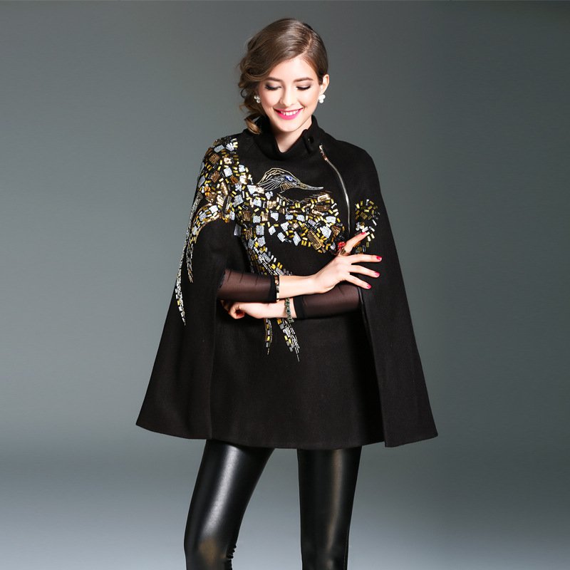 Size XL Black Women Sequined Embroidered Cloak Coat