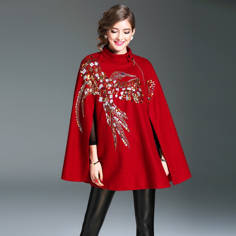 Size L Red Women Sequined Embroidered Cloak Coat