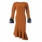 Size L Brown Women Lace Sleeve Irregular Party Dress Fishtail
