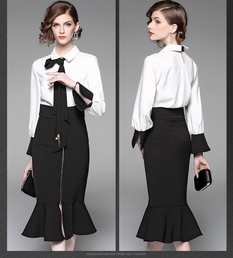 Size S White Black Women Two Piece Speaker Sleeve Fishtail Dress