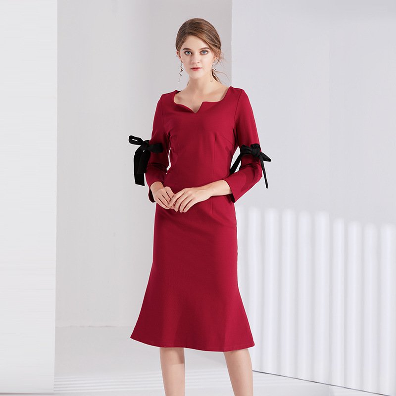 Size XL Red Charming Women OL Slim Dress Bowknot