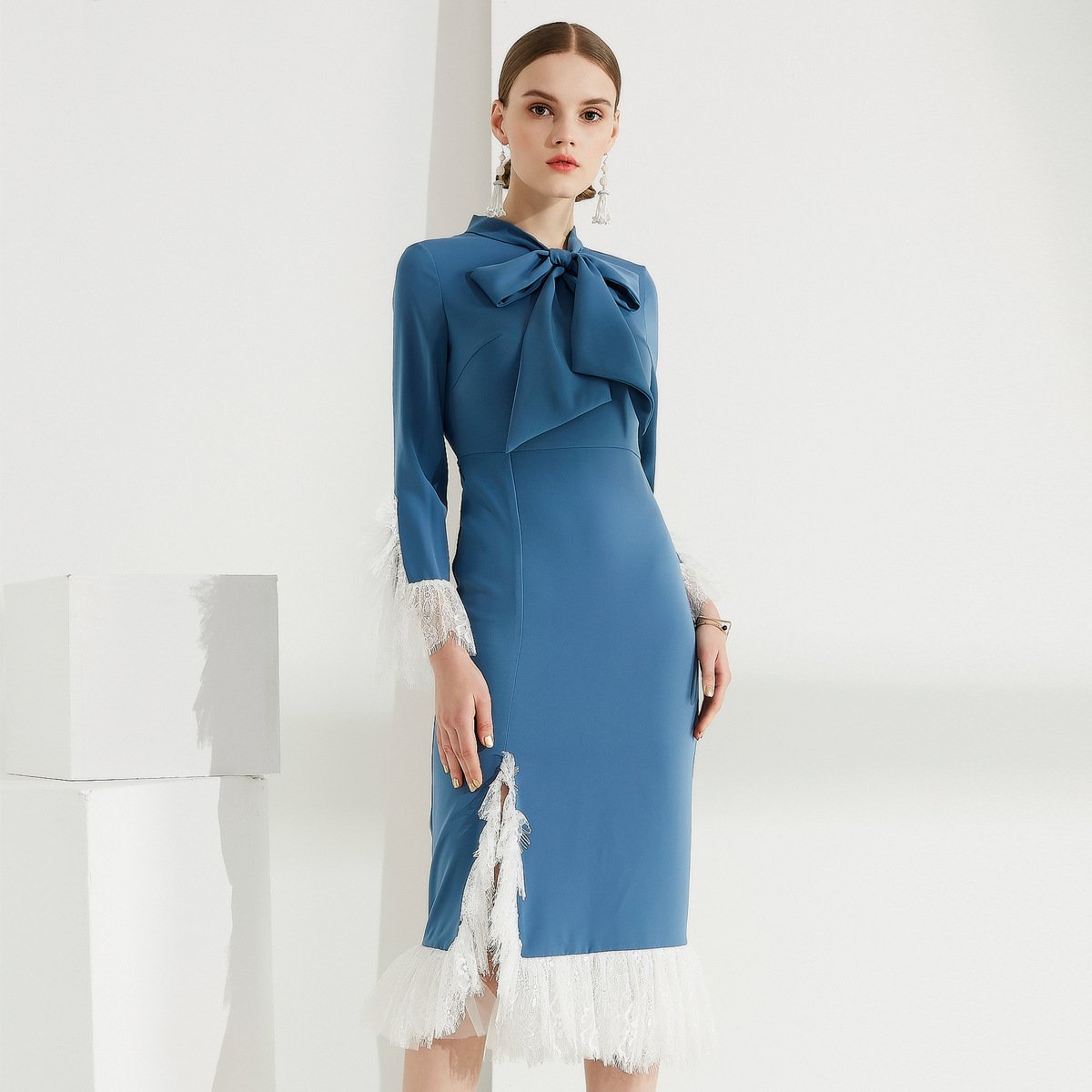 Size L Blue Tassel Women Split Party Dress