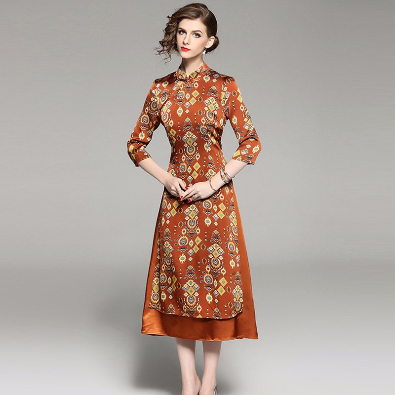 Size XL Brown Floral Printed Women Long Dress