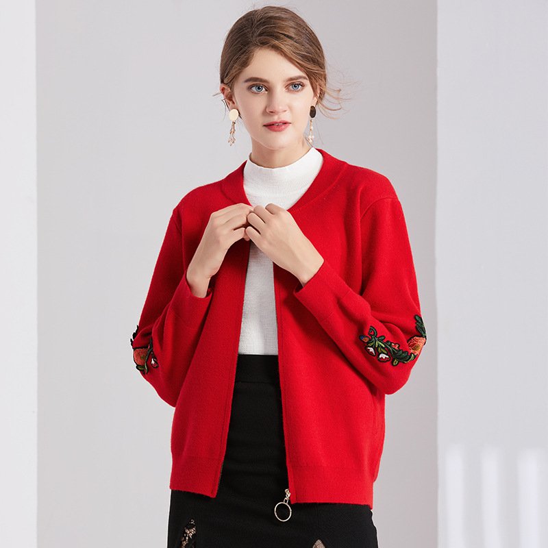 Size S Red Fly Embroidered Baseball Knitted Coat
