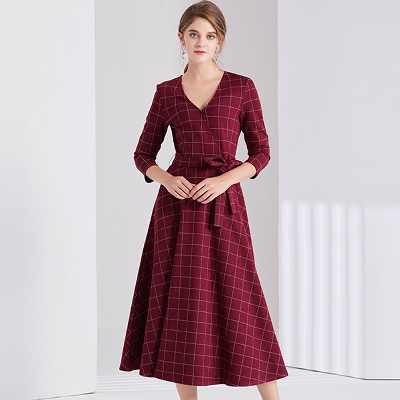 Size S Red V-neck Women Grid Fashion Long Dress