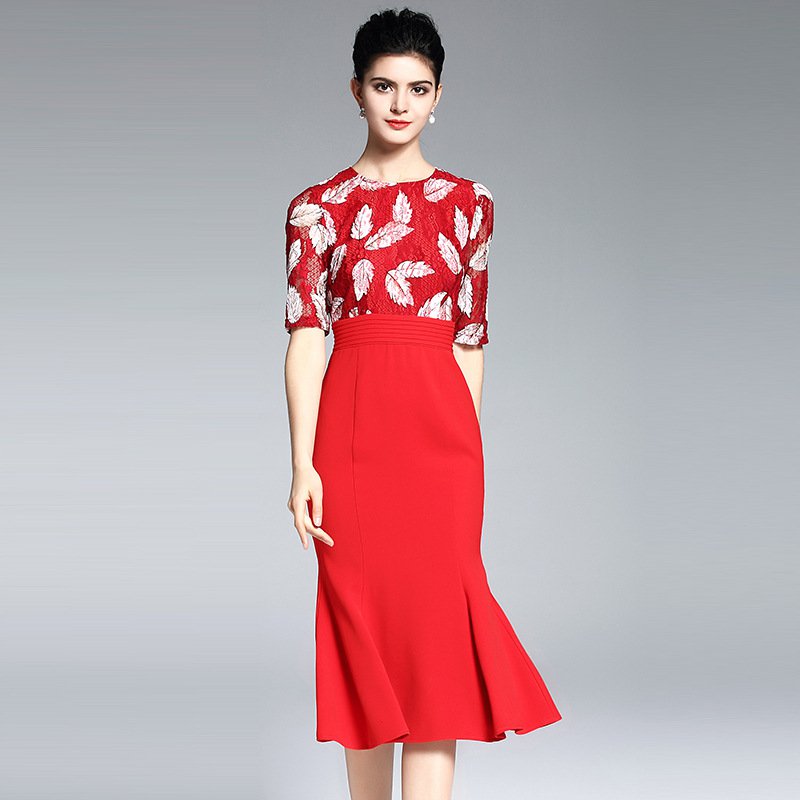 Size M Red Women Chic Lace Patchwork Slim Party Dress Summer Leaf Pattern