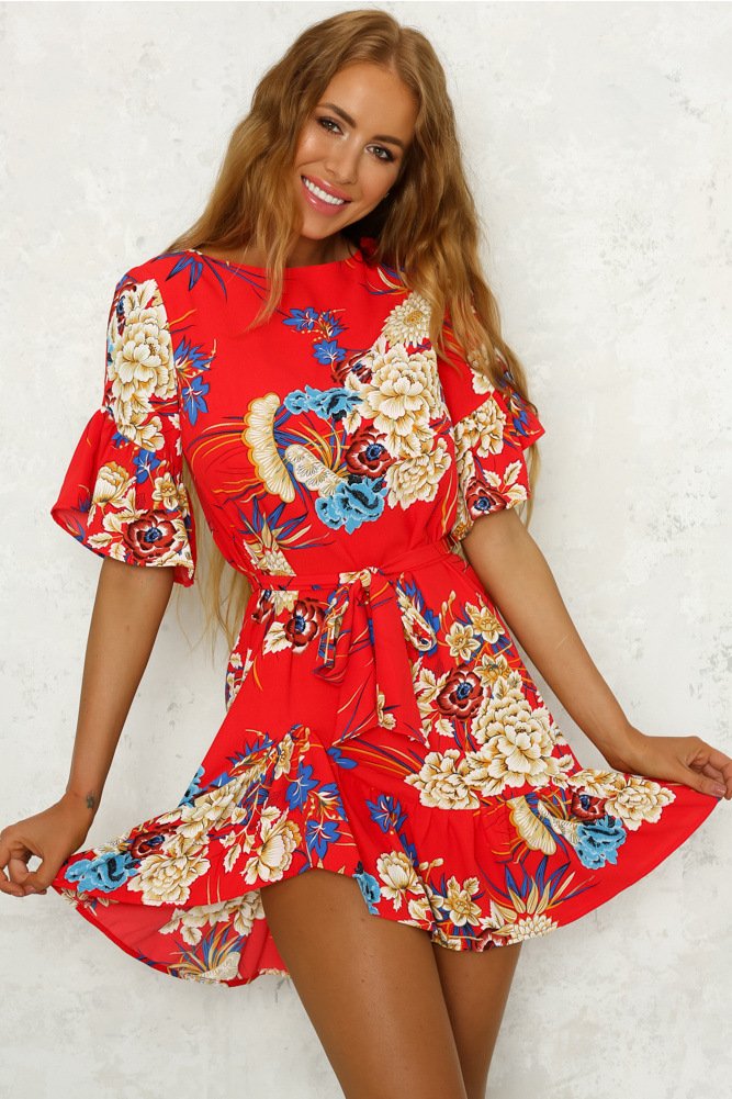 Size L Red Tie Floral Ruffle Maxi Dress DM1006
