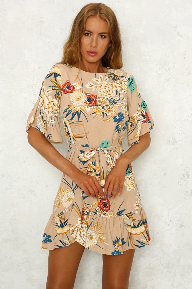 Size M Khaki Tie Floral Ruffle Maxi Dress DM1006