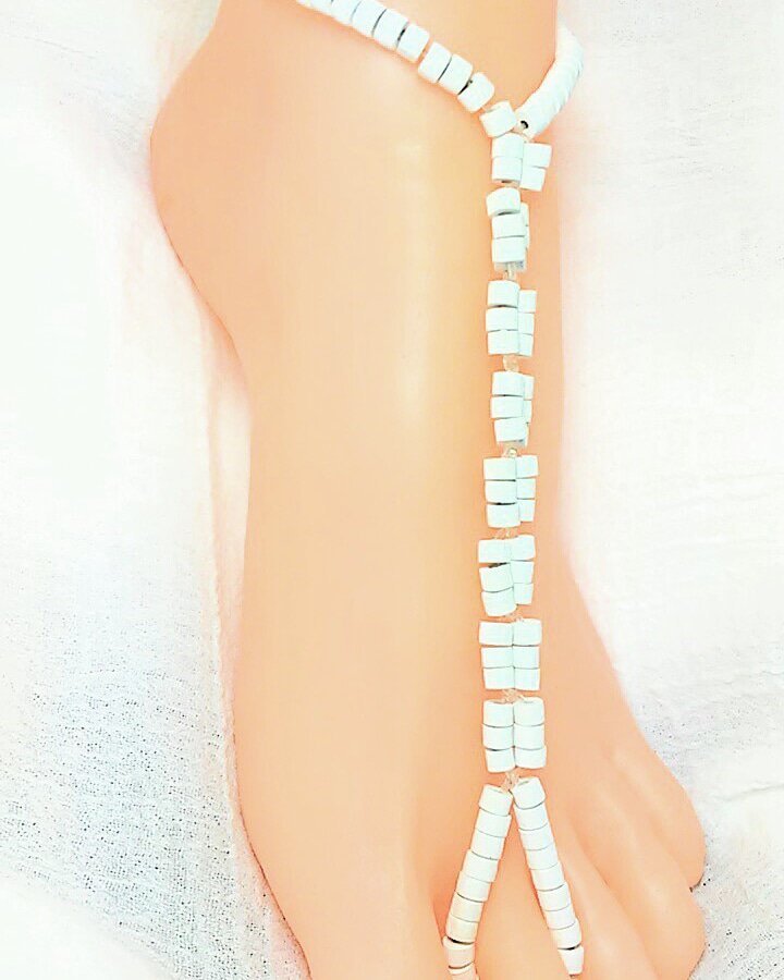 White Wood Twin Barefoot Sandal Toe Ring Anklet