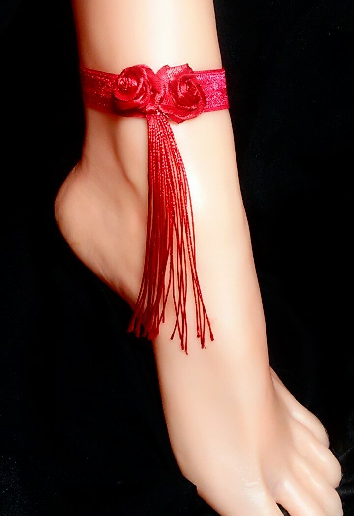 Red Rose Tassel Anklet Set of 2