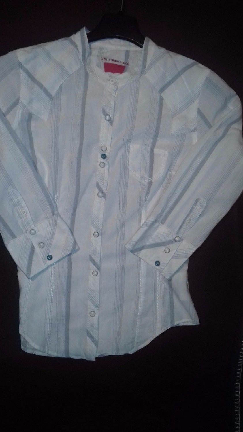 LEVI STRAUSS CO Women's White/Gray Striped 100% Cotton Shirt with 3/4 Sleeves S
