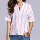 Summer Slim Fit Casual Women Stripes V Neck Bat Sleeve Blouse Shirt