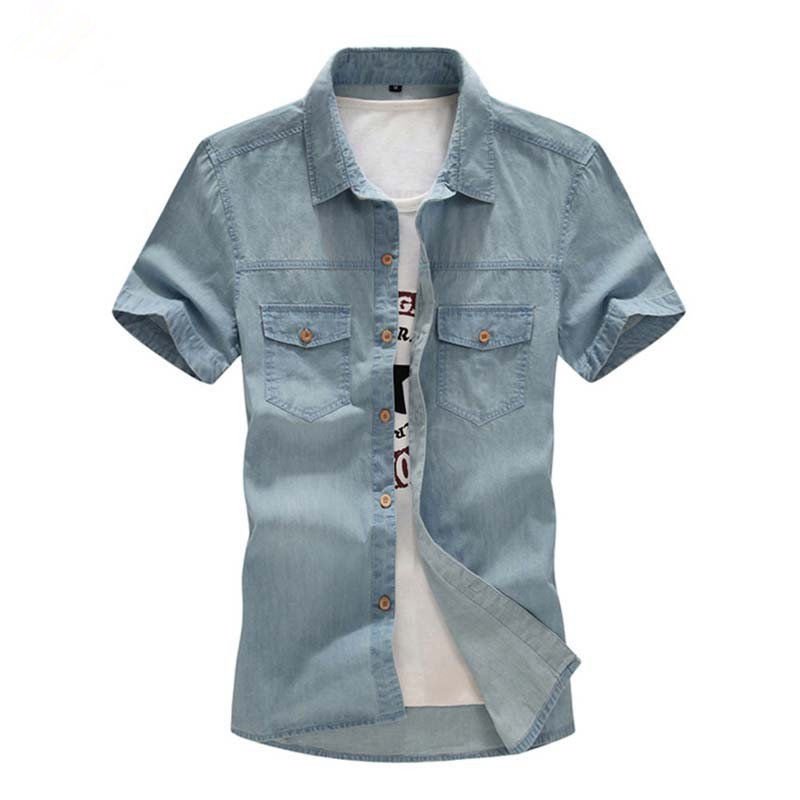 Blue Short Sleeve Men Jeans Denim Shirts Single Breasted Casual Camisa Masculina
