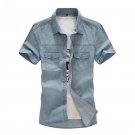 Blue Short Sleeve Men Jeans Denim Shirts Single Breasted Casual Camisa Masculina