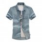 Blue Short Sleeve Men Jeans Denim Shirts Single Breasted Casual Camisa Masculina