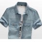 Blue Short Sleeve Men Jeans Denim Shirts Single Breasted Casual Camisa Masculina