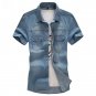 Blue Short Sleeve Men Jeans Denim Shirts Single Breasted Casual Camisa Masculina