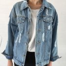 Spring Autumn Women Single Breasted Loose Casual Holes Denim Jeans Jacket Coat