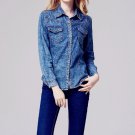Slim Women Washed Lapel Long Sleeve Denim Jeans Blouse Shirt with Front Pockets