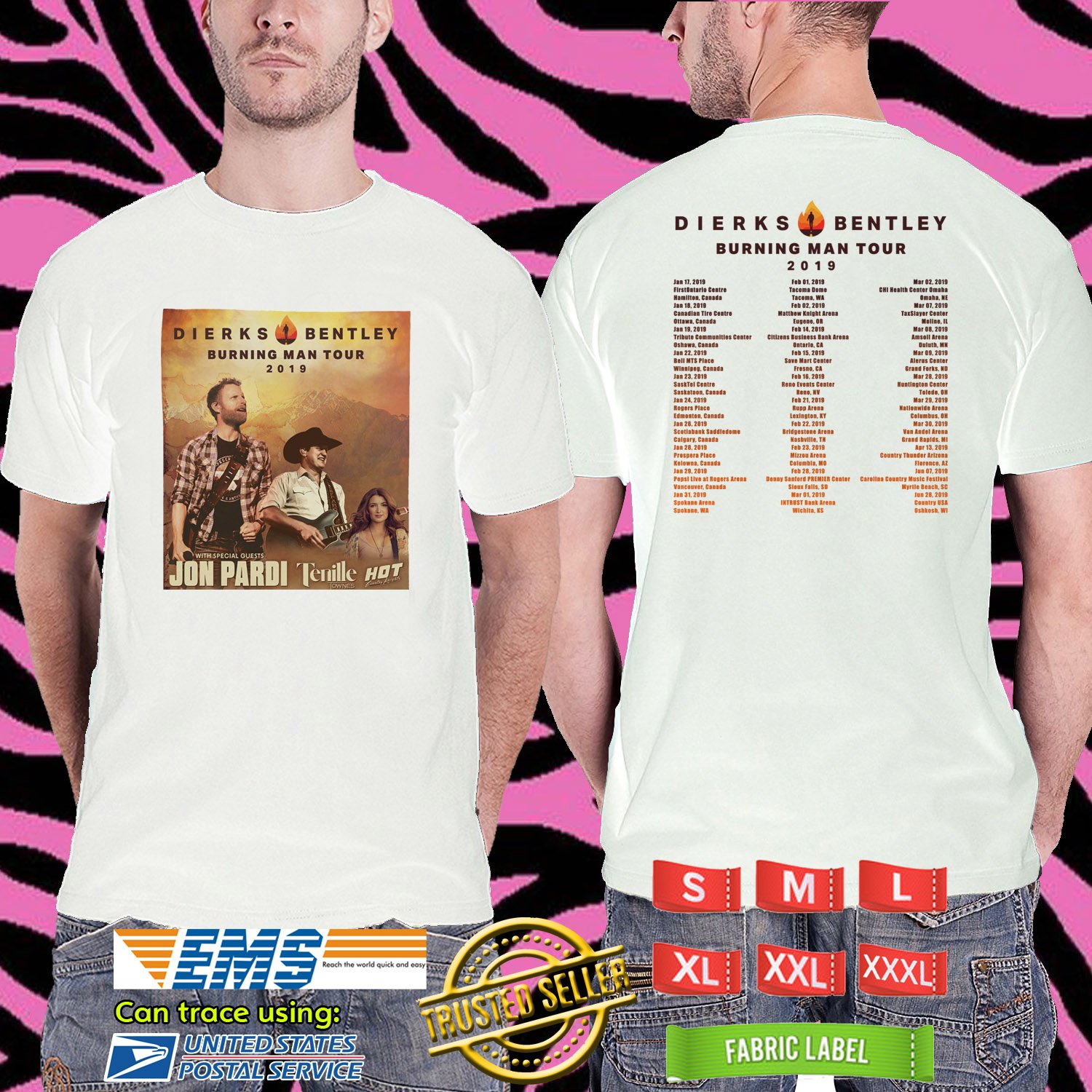 2019 LIVE DIERKS BENTLEY BURNING MAN TOUR WHITE TSHIRT W DATES CODE RDF01