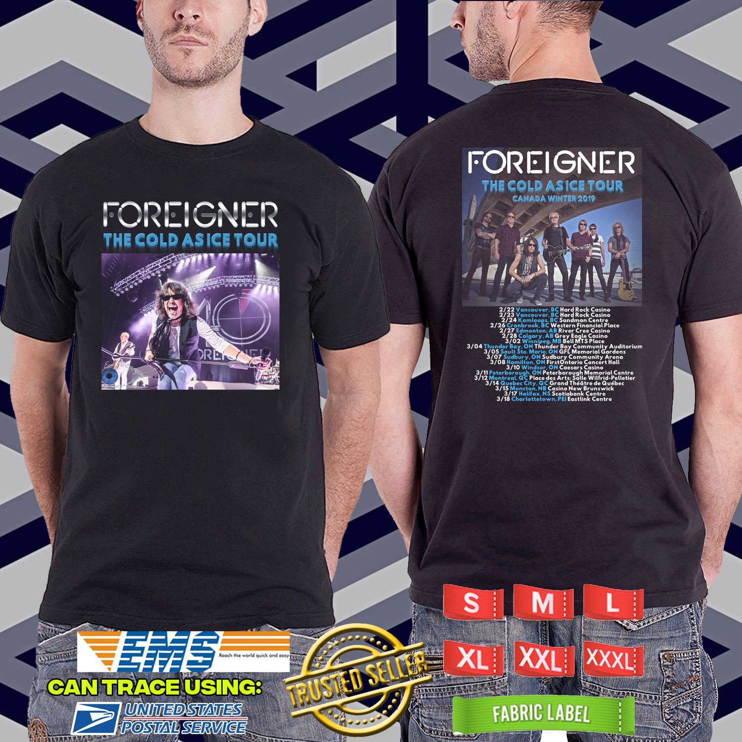 2019 LIVE FOREIGNER COLD AS ICE TOUR BLACK TSHIRT W DATES CODE RDF01