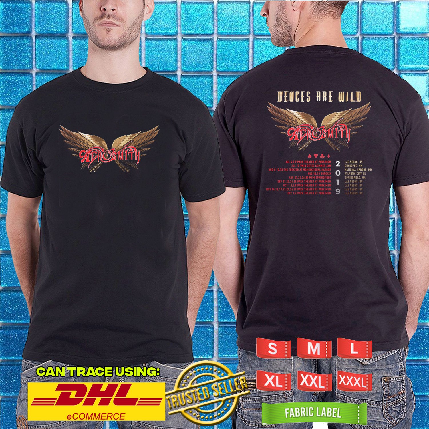 2019 LIVE AEROSMITH DEUCES ARE WILD USA TOUR BLACK TSHIRT W DATES CODE RDF03