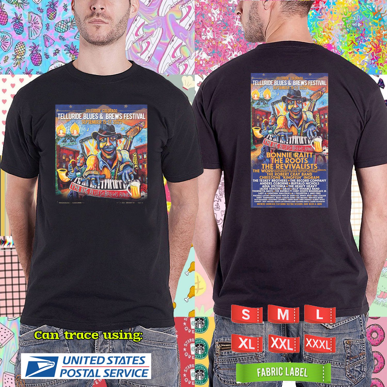2023 LIVE TELLURIDE BLUES & BREWS FESTIVAL BLACK TSHIRT W LINEUP CODE RDF01
