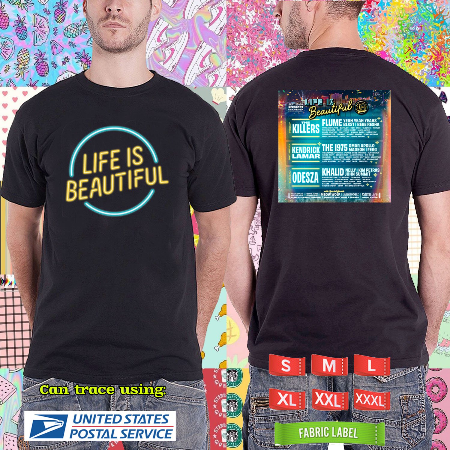 2023 LIVE LIFE IS BEAUTIFUL MUSIC FESTIVAL BLACK TSHIRT W LINEUP CODE RDF02