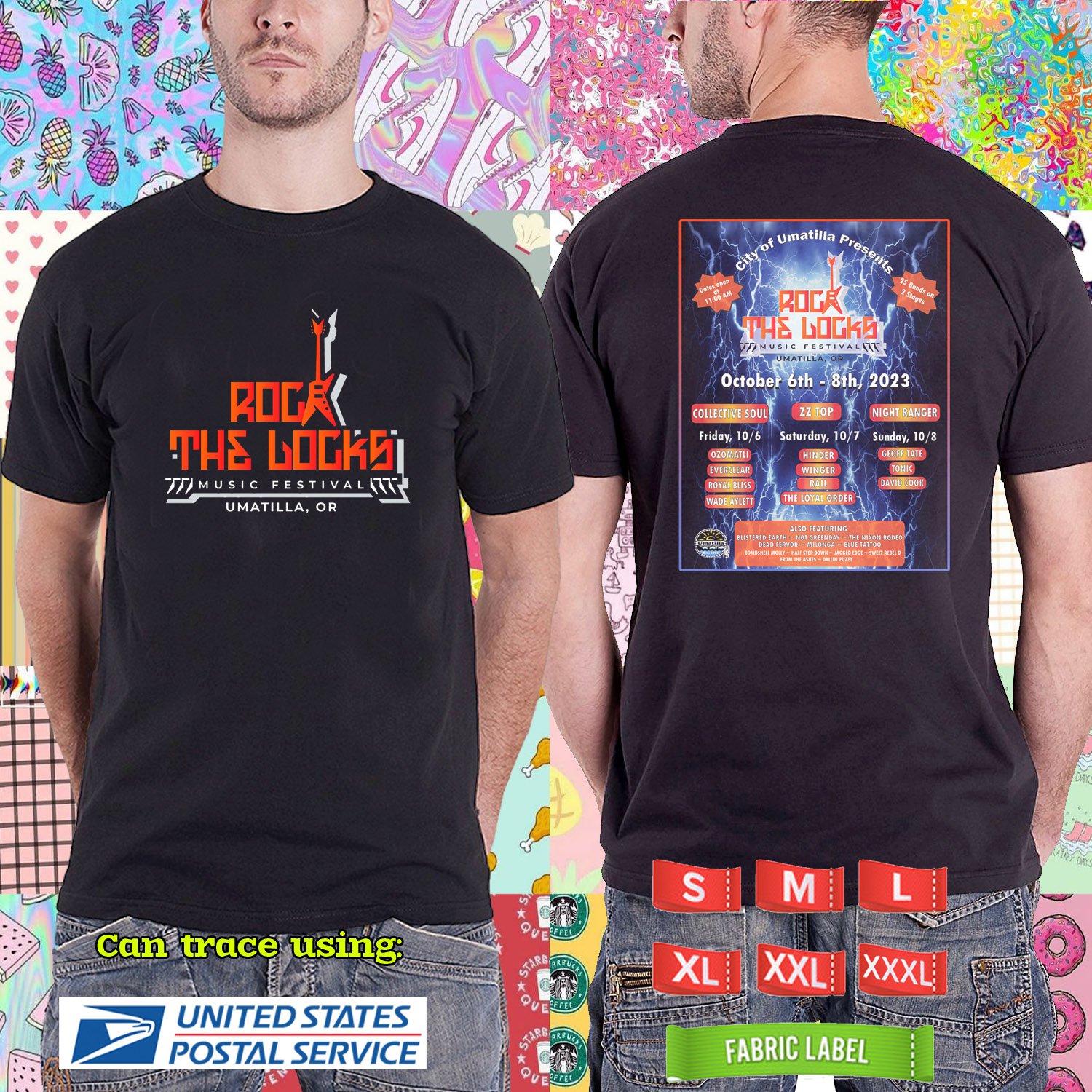 2023 LIVE ROCK THE LOCKS MUSIC FESTIVAL BLACK TSHIRT W LINEUP CODE RDF01