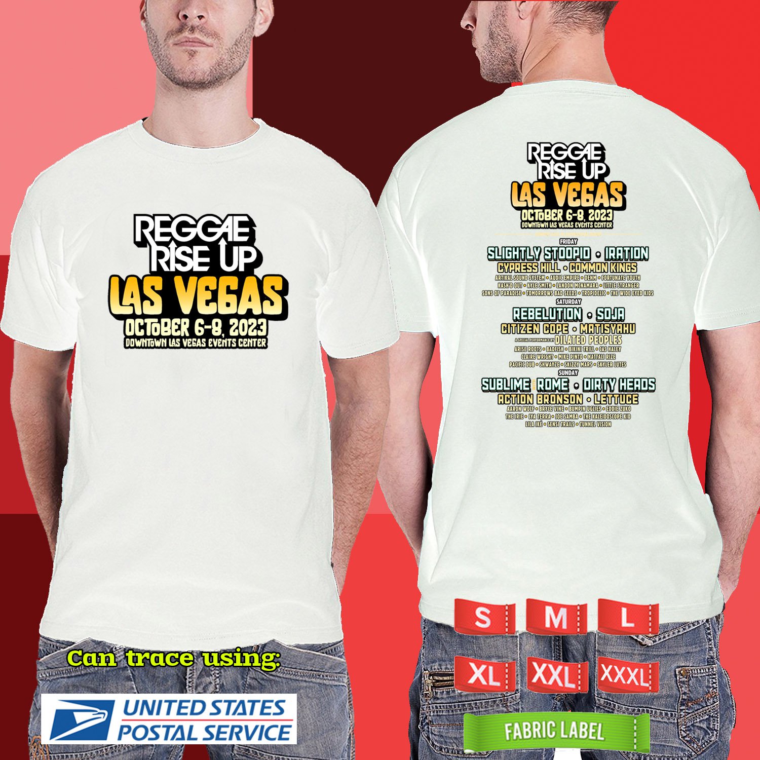 2023 LIVE REGGAE RISE UP LAS VEGAS MUSIC FESTIVAL WHITE TSHIRT W LINEUP CODE RDF01