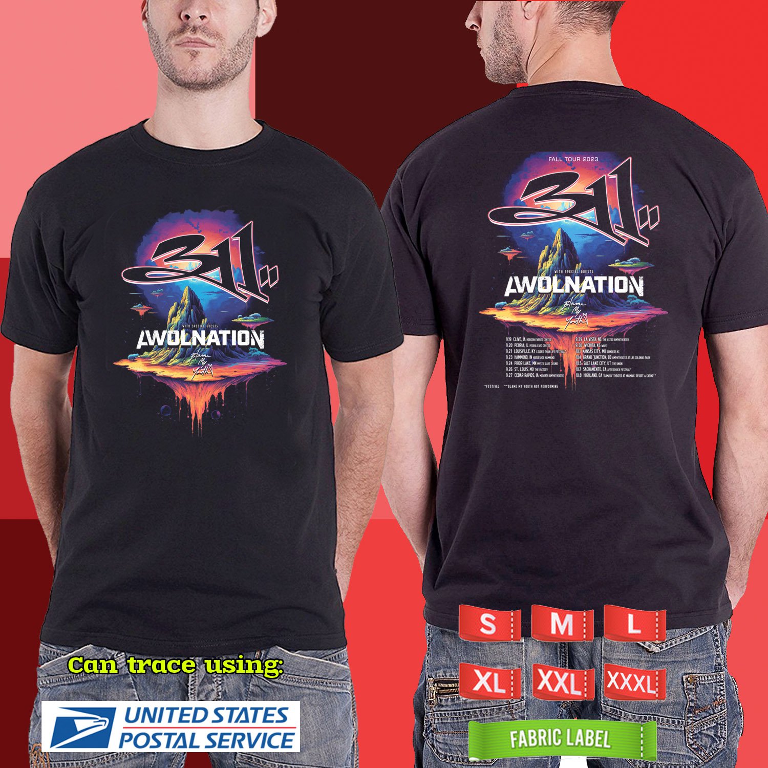 2023 LIVE 311 WITH AWOLNATION FALL USA TOUR BLACK TSHIRT W DATES CODE RDF01