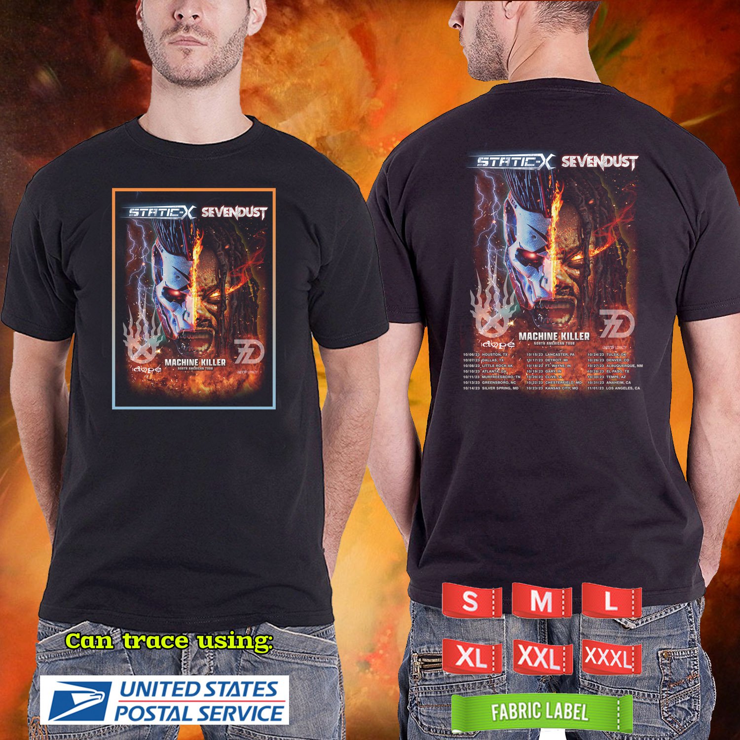 2023 LIVE STATIC X W SEVENDUST MACHINE KILLER N.AMERICAN TOUR BLACK TSHIRT W DATES CODE RDF01