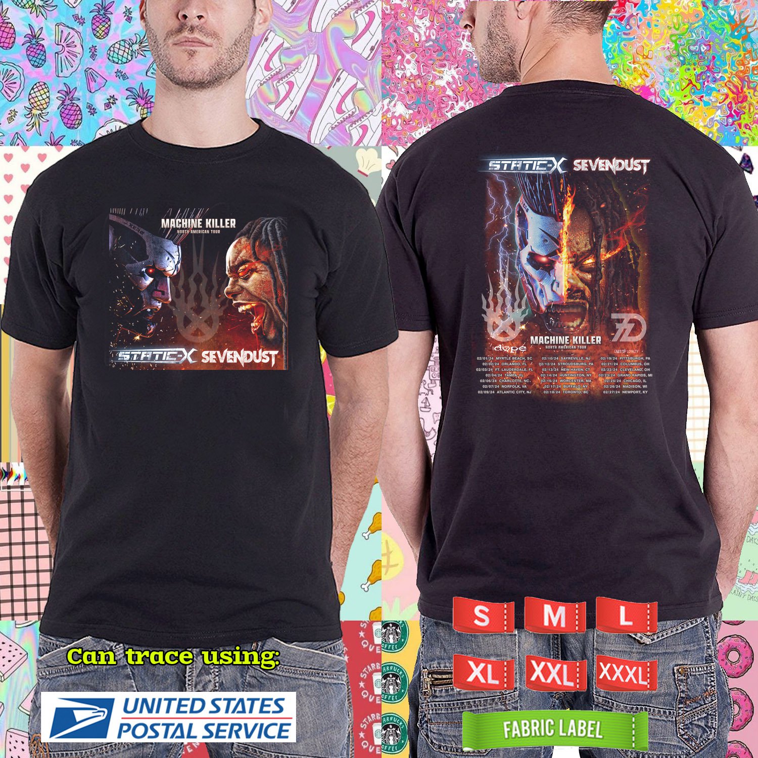 2023 LIVE STATIC X W SEVENDUST MACHINE KILLER N.AMERICAN TOUR BLACK TSHIRT W DATES CODE RDF02