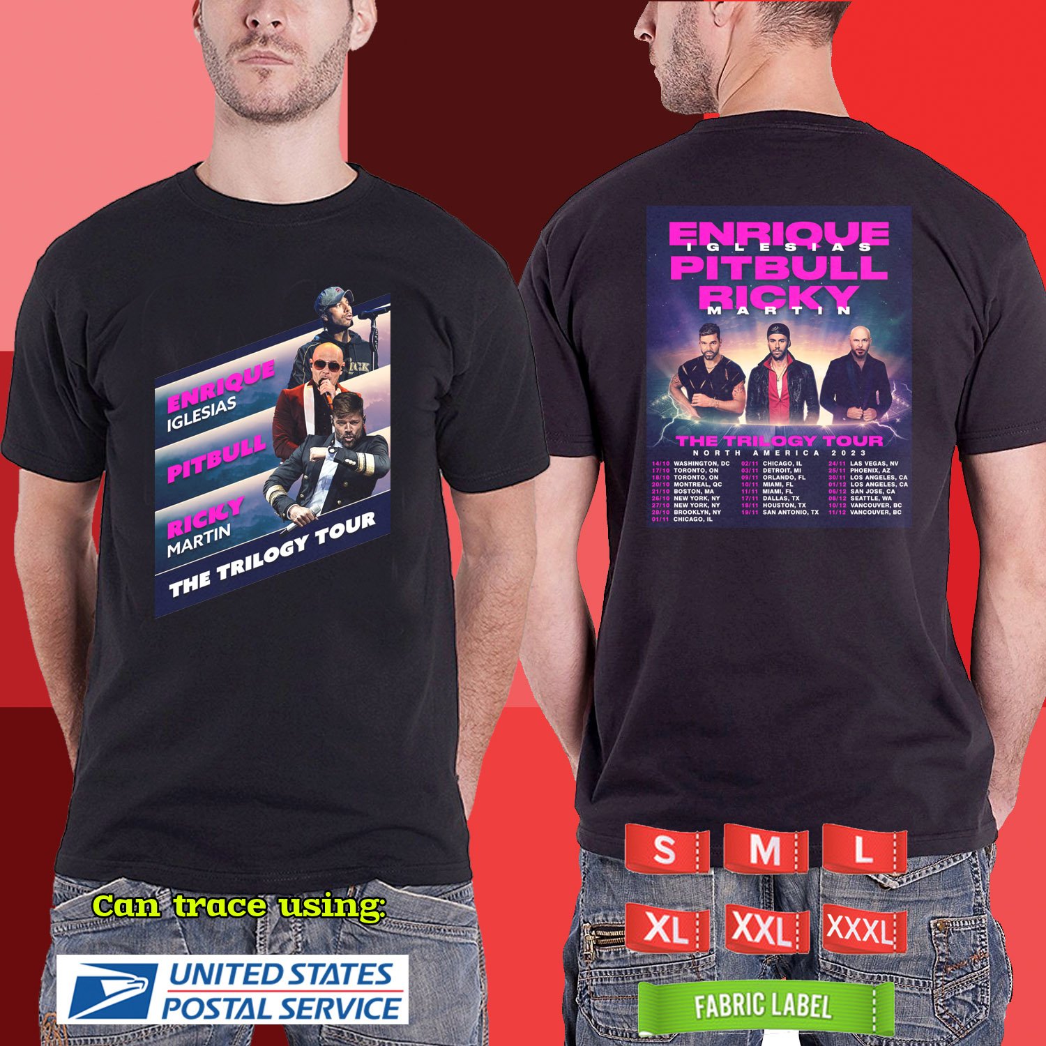 2023 LIVE ENRIQUE IGLESIAS PITBULL RICKY MARTIN THE TRILOGY TOUR BLACK TSHIRT W DATES CODE RDF01