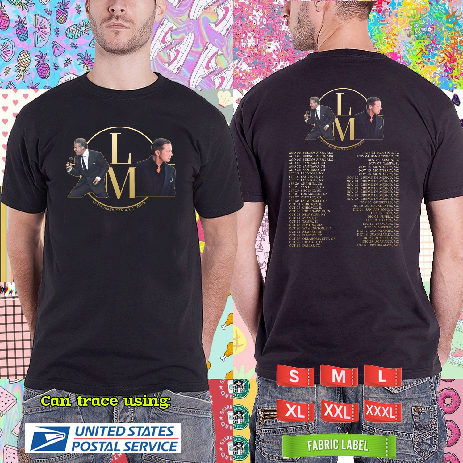 2023 LIVE LUIS MIGUEL USA LATIN TOUR,LUIS MIGUEL FAN TSHIRT, BLACK TSHIRT W DATES CODE RDF01