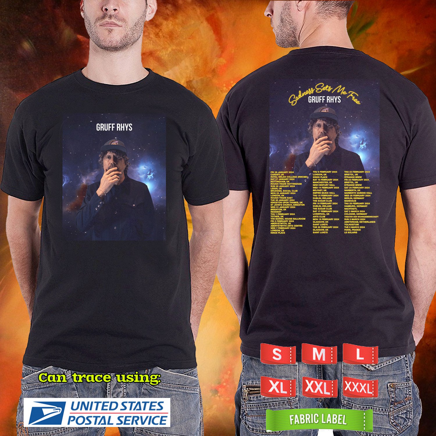 2024 LIVE GRUFF RHYS SADNESS SETS ME FREE U.KINGDOM TOUR BLACK TSHIRT UNISEX CODE RDF01