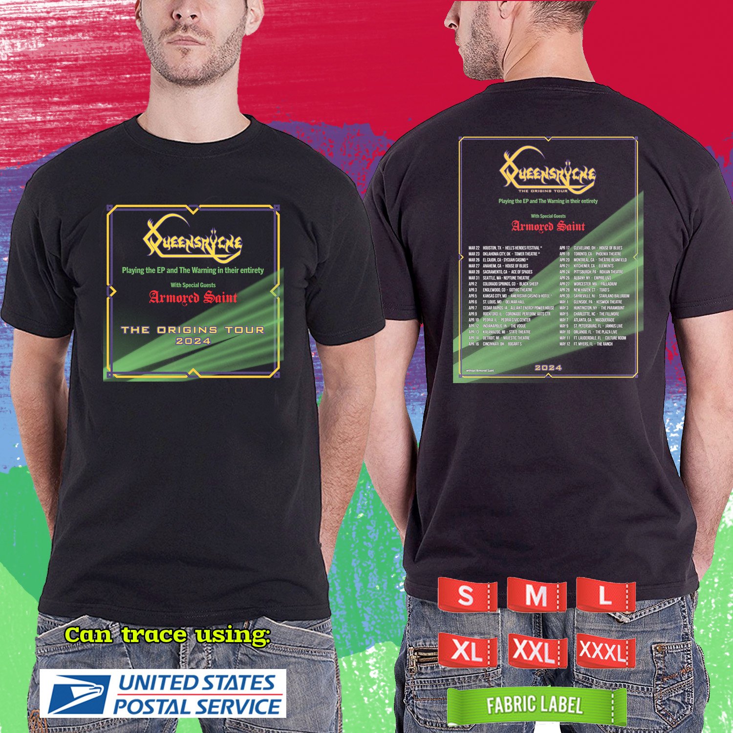 QUEENSRYCHE THE ORIGINS USA TOUR 2024.QUEENSRYCHE TOUR.BLACK TSHIRT UNISEX CODE RDF01