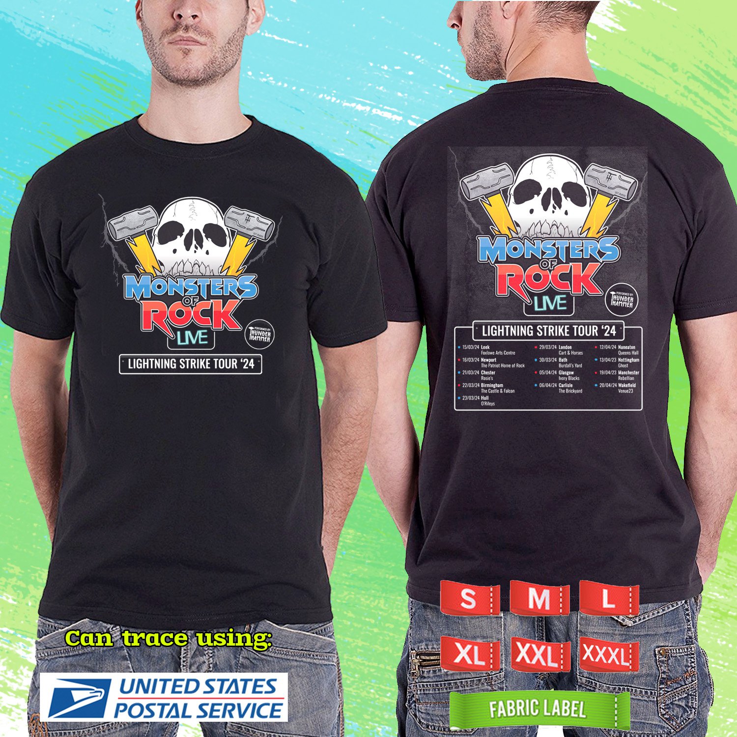 MONSTER OF ROCK LIGHTNING STRIKE UK FESTIVAL 2024.BLACK TSHIRT UNISEX CODE RDF01