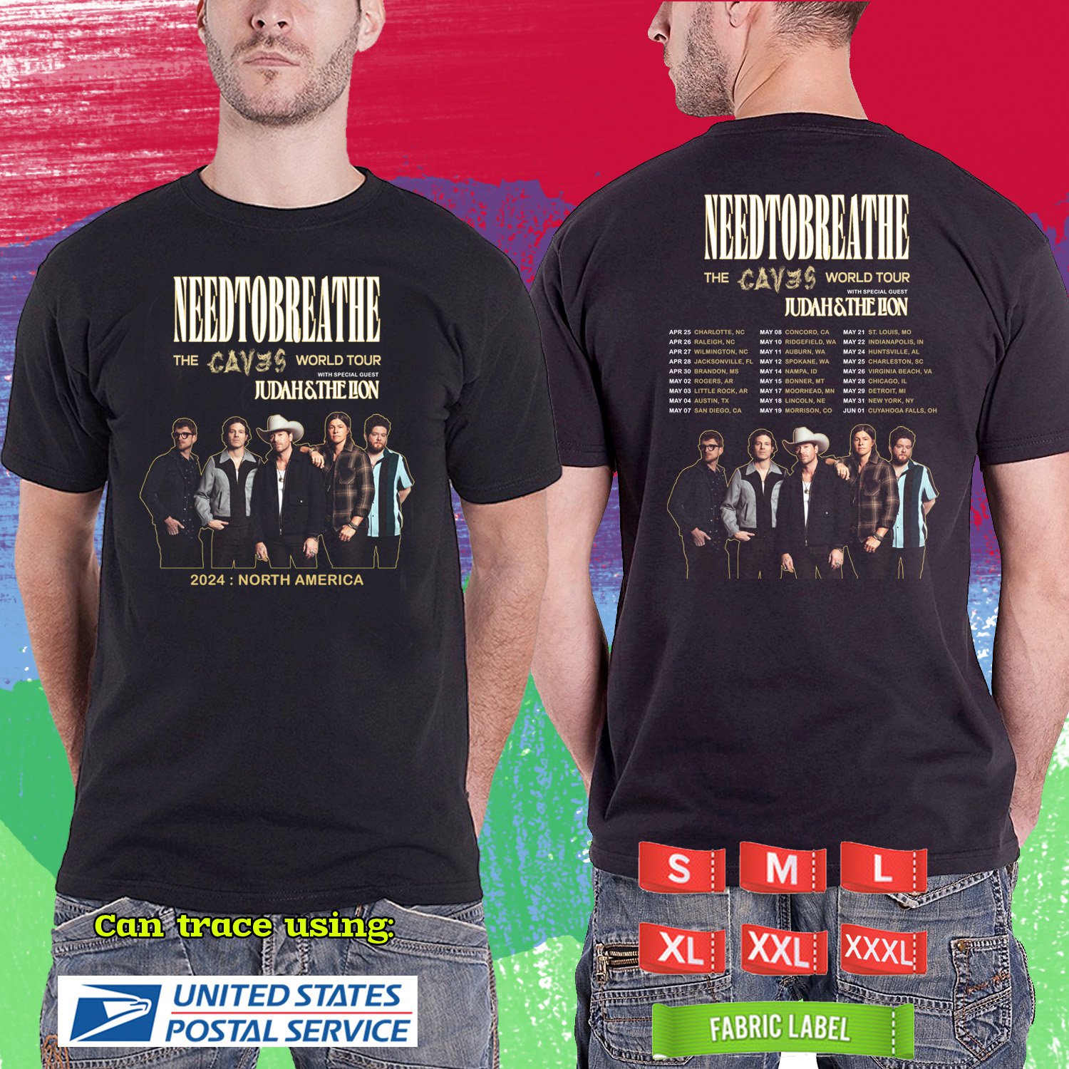 NEEDTOBREATHE THE CAVES WORLD USA TOUR 2024.NEEDTOBREATHE TOUR.BLACK TSHIRT UNISEX CODE RDF01