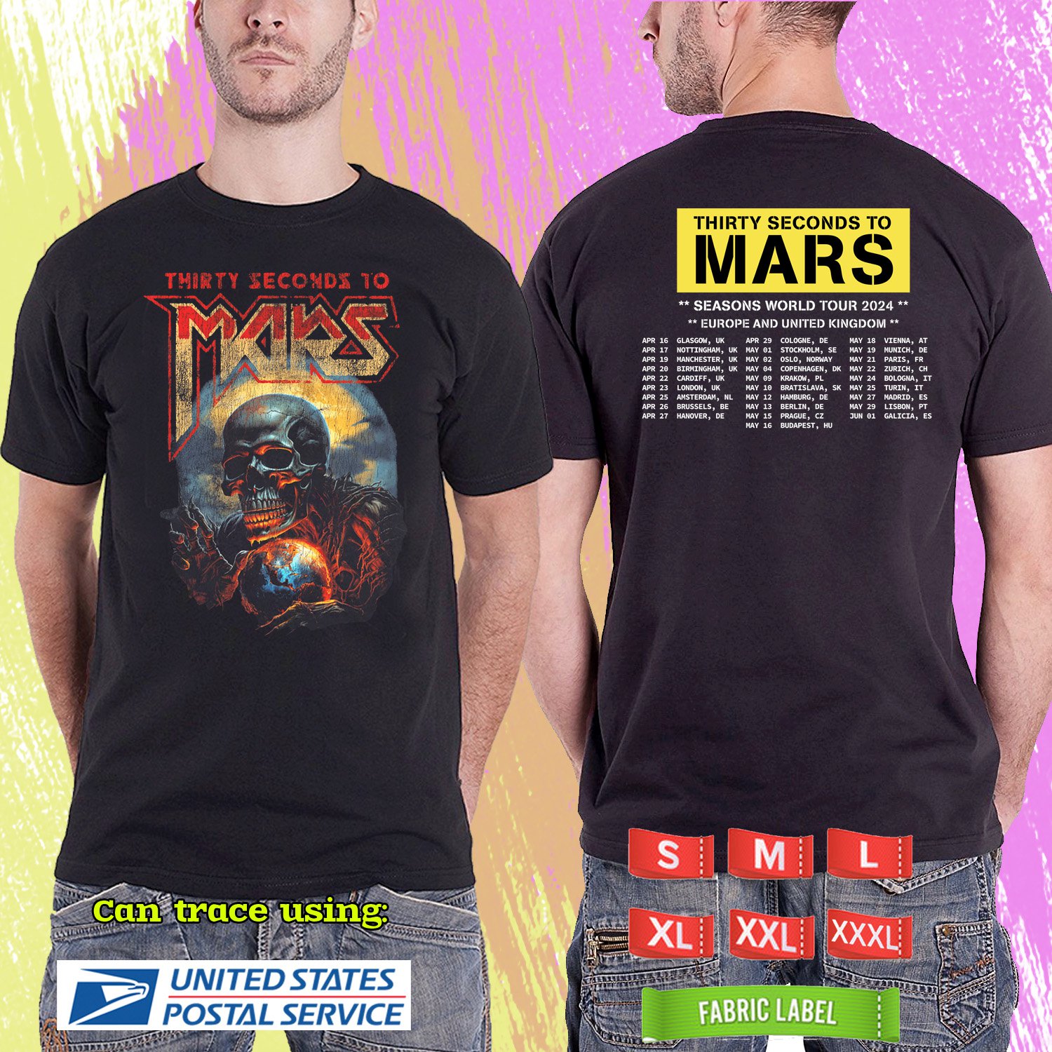 THIRTY SECOND TO MARS SEASONS WORLD UK TOUR 2024.BLACK TSHIRT UNISEX CODE RDF01