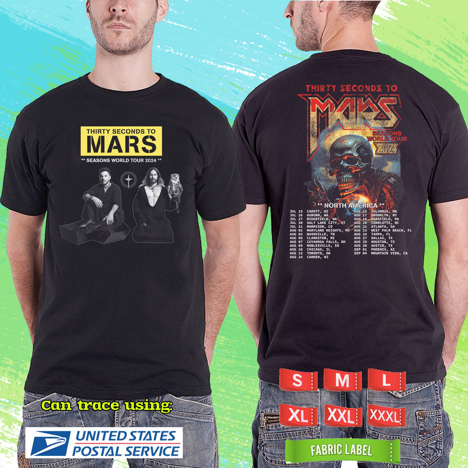 THIRTY SECOND TO MARS SEASONS WORLD NORTH AMERICA TOUR 2024.BLACK TSHIRT UNISEX CODE RDF01