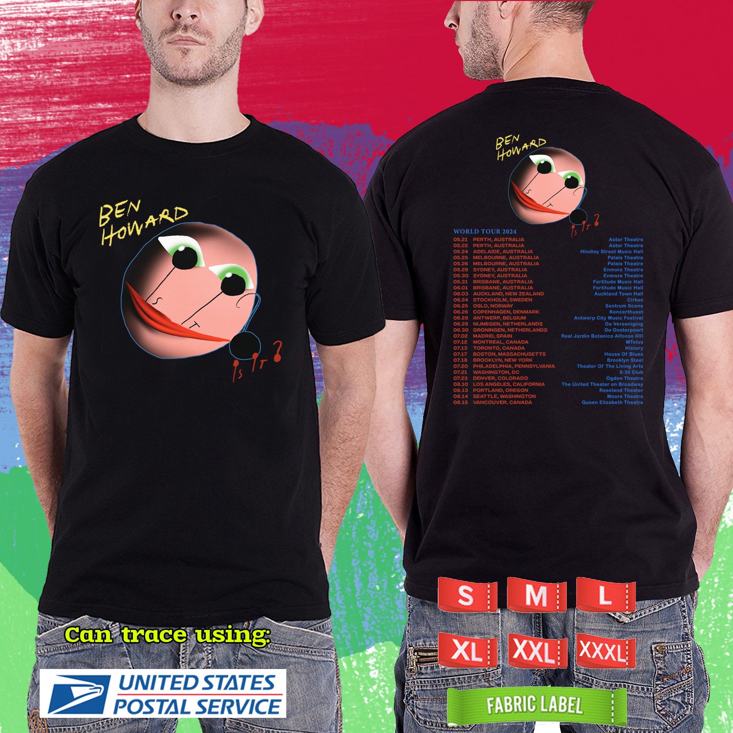 BEN HOWARD IS IT? TOUR 2024.BEN HOWARD TOUR.BLACK TSHIRT UNISEX CODE RDF01