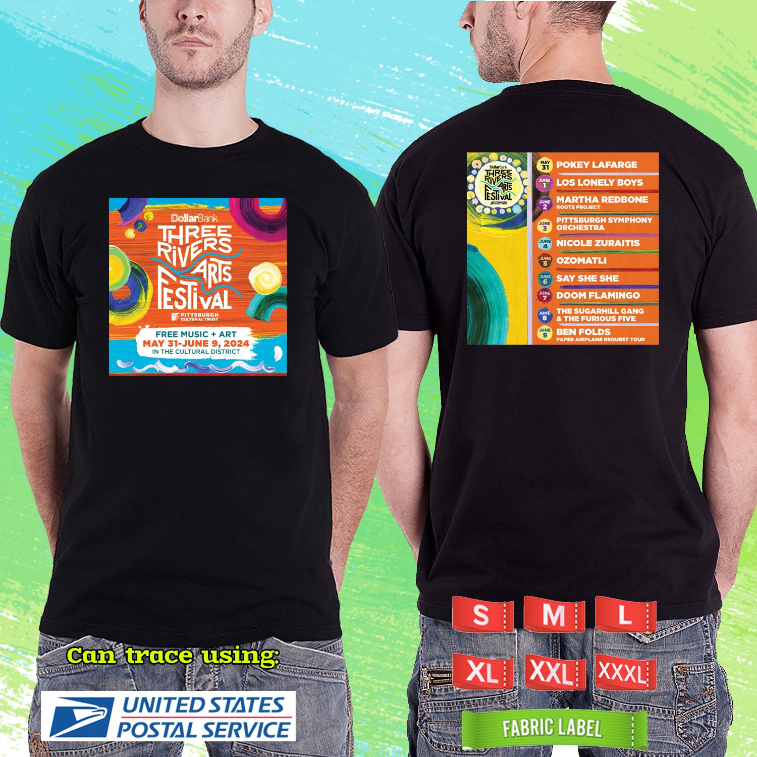 THREE RIVERS ARTS & MUSIC FESTIVAL 2024.THREE RIVERS ARTS & FESTIVAL.BLACK TSHIRT UNISEX CODE RDF01