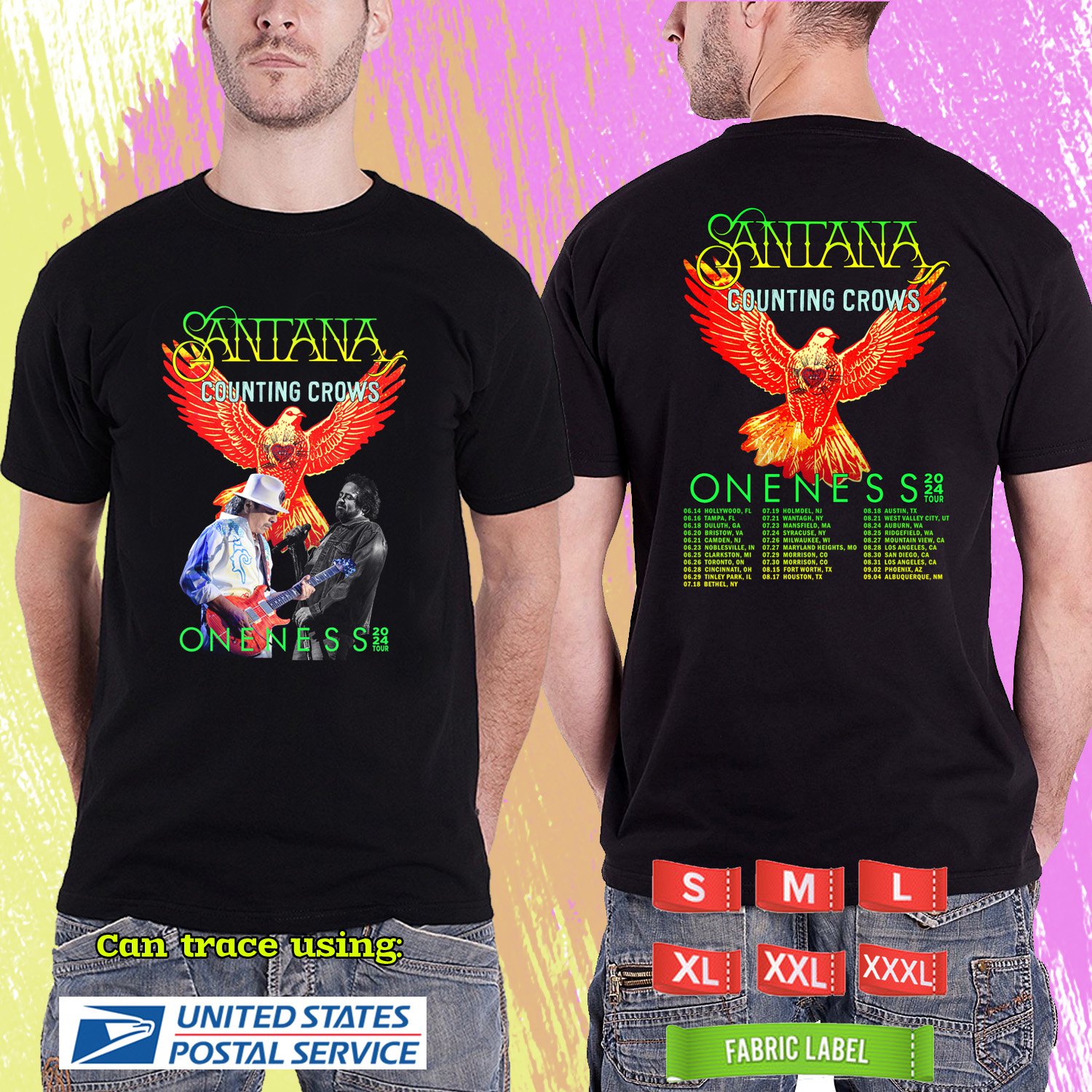 SANTANA & COUNTING CROWS ONENESS TOUR 2024.SANTANA TOUR.BLACK TSHIRT UNISEX CODE RDF01