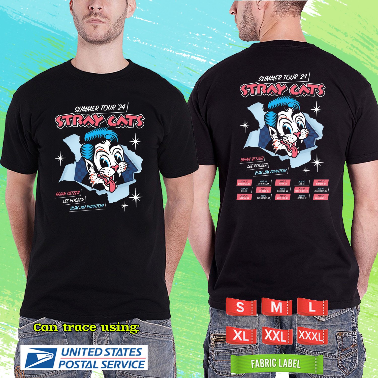 STRAY CATS SUMMER TOUR 2024.STRAY CATS TOUR.BLACK TSHIRT UNISEX CODE RDF01