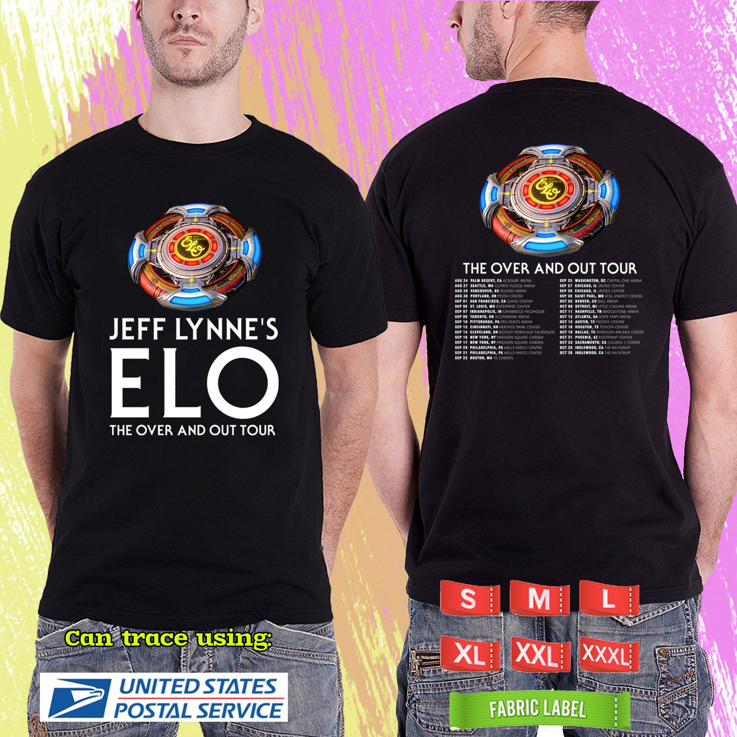ELO JEFF LYNNE'S THE OVER AND OUT TOUR 2024.ELO TOUR.BLACK TSHIRT UNISEX CODE RDF01