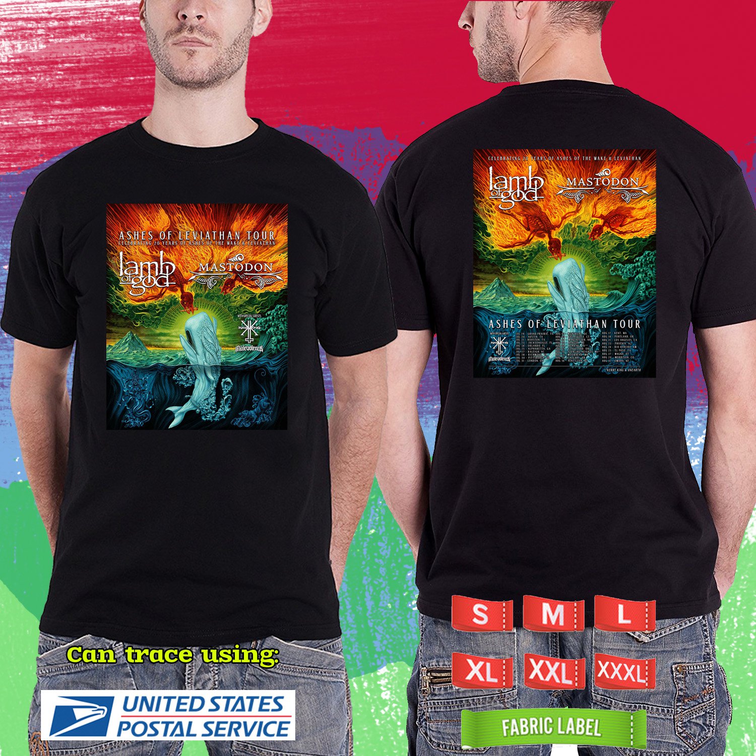 LAMB OF GOD W MASTODON ASHES OF LEVIATHAN TOUR 2024.LAMB OF GOD TOUR.BLACK TSHIRT UNISEX CODE RDF01