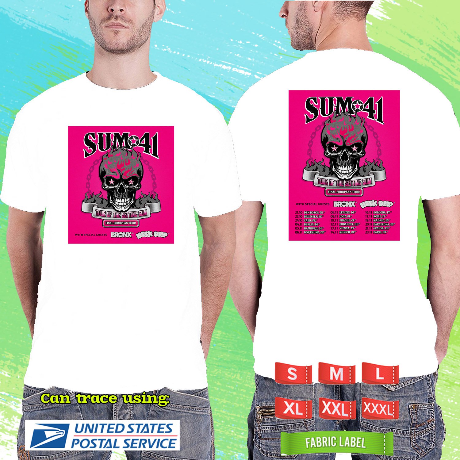 SUM41 TOUR OF THE SETTING SUM EUROPE 2024. SUM41 TOUR. SUM41. WHITE TSHIRT UNISEX CODE RDF01