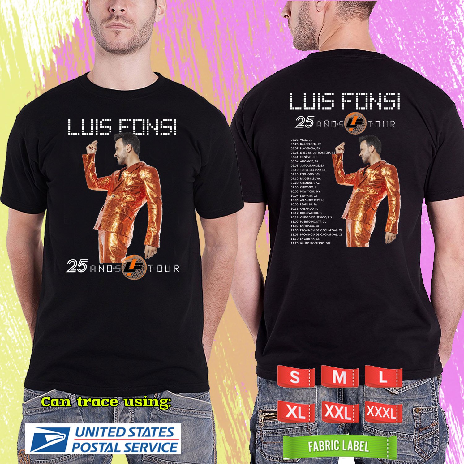 LUIS FONSI ANOS WORLD 25TH TOUR 2024. LUIS FONSI TOUR. LUIS FONSI. BLACK TSHIRT UNISEX CODE RDF01