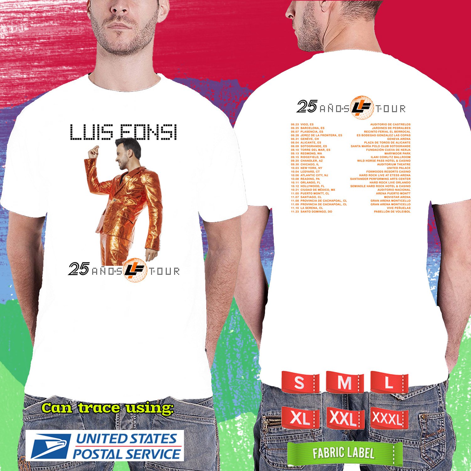 LUIS FONSI ANOS WORLD 25TH TOUR 2024. LUIS FONSI TOUR. LUIS FONSI. WHITE TSHIRT UNISEX CODE RDF01